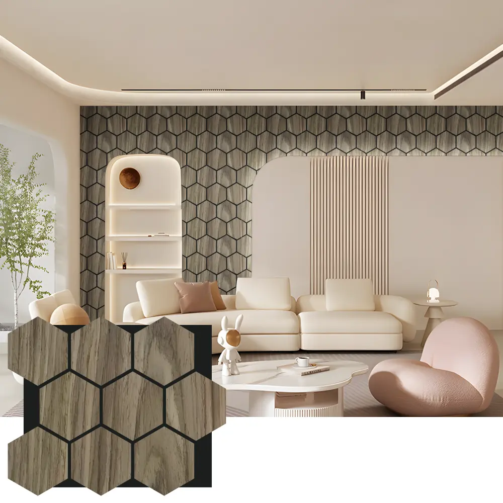 Pannelli murali acustici in legno esagonali per l'interior design