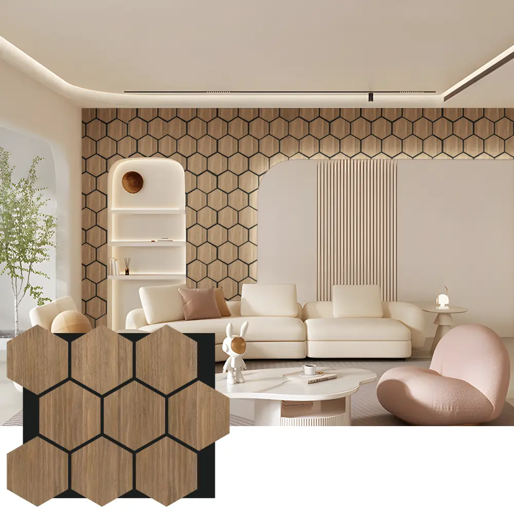 Pannelli murali acustici in legno esagonali per l'interior design